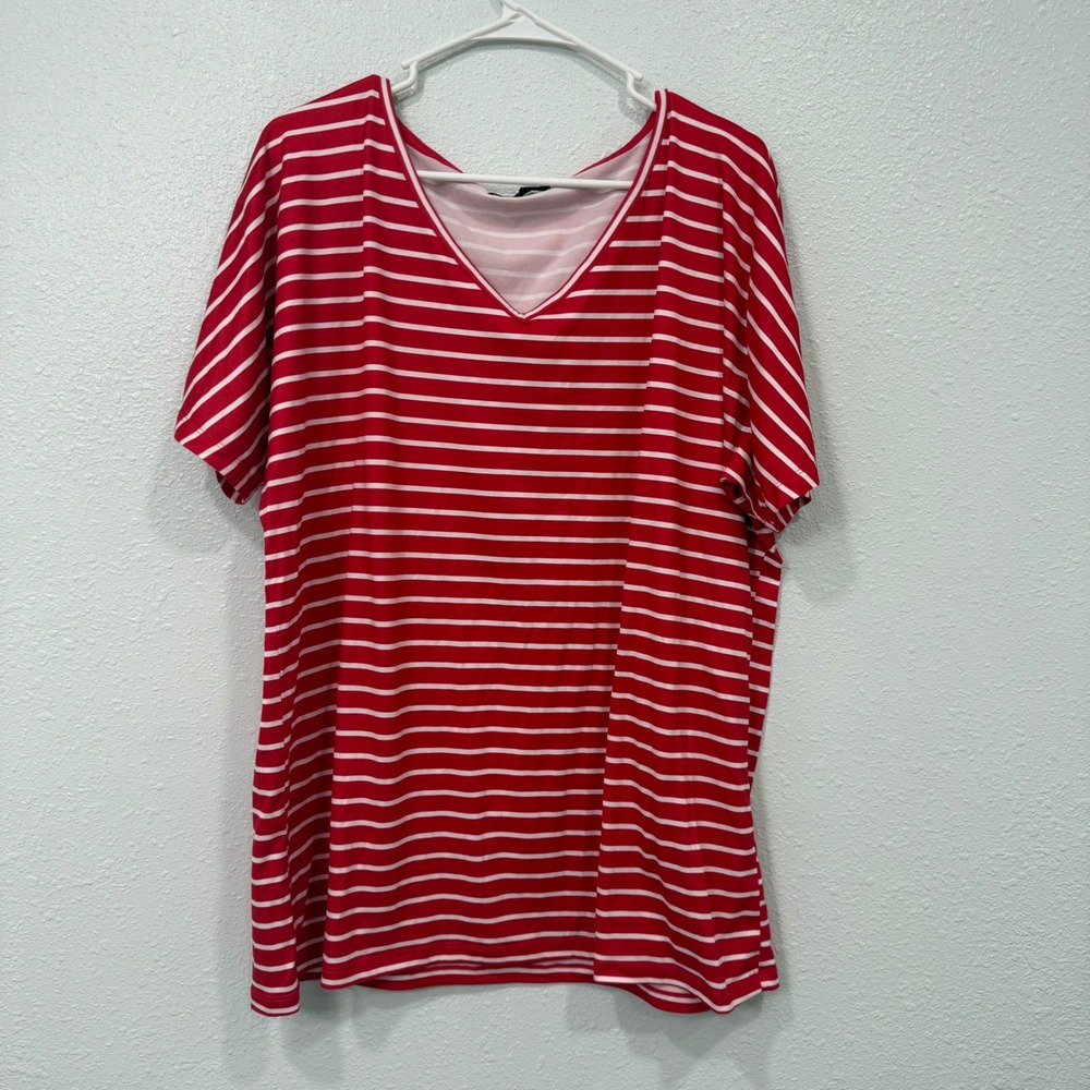Michelle Mae Womens Red White Striped V-Neck Short Sleeve T-Shirt Size 1XL
